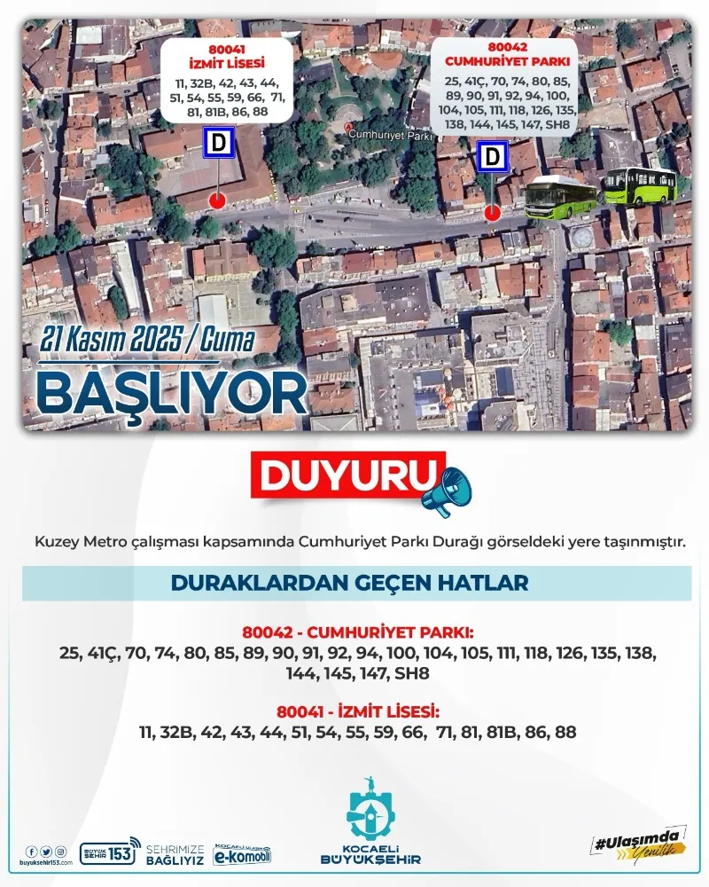 Cumhuriyet Parkı otobüs durağının yeri değiştirildi