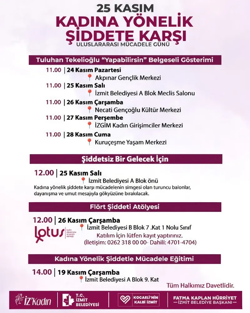 İzmit Belediyesinden 25 Kasım’a özel dolu dolu etkinlik programı